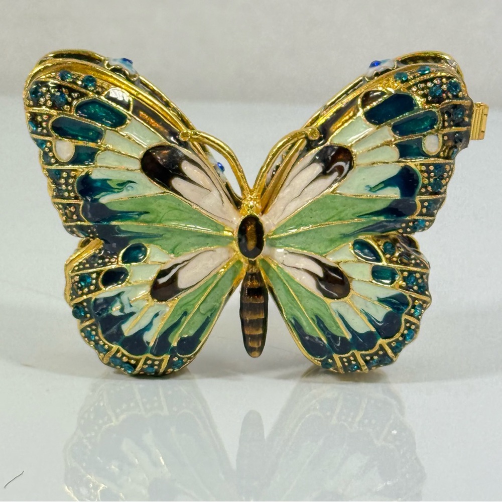 Gold-Tone Butterfly Enamel Magnet Hinged Trinket Box in Green and Teal